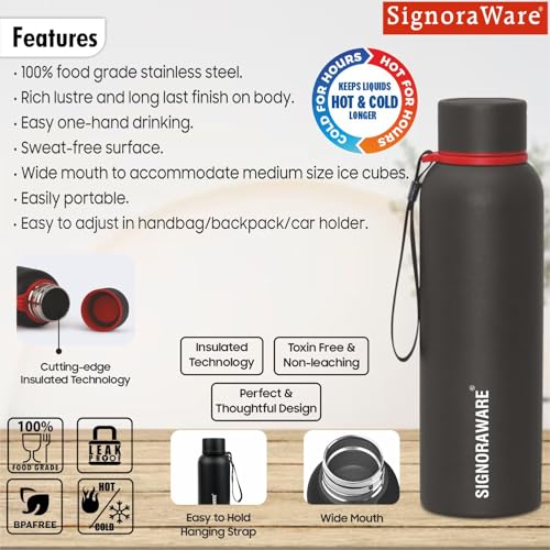 Image of SignoraWare Parkour Vacuum ISI Certified Stainless Steel Bottle With Hanging Strip | Airtight & Leakproof | Easy To Clean | Lightweight | Ideal for School, Office, Gym Or Outdoors (900ml | Black)