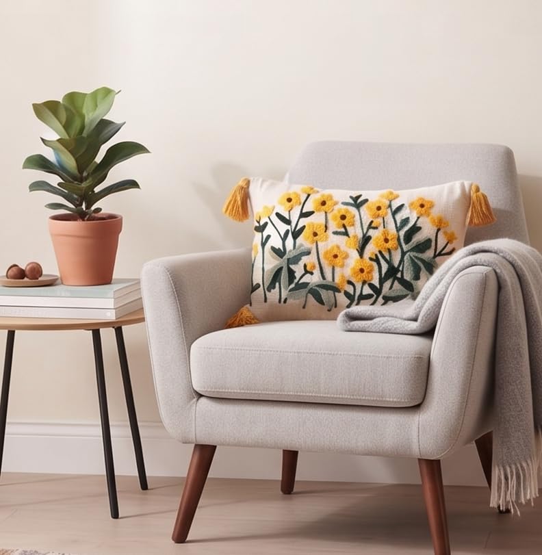 Image of Furnistitchs Boho Rectangle Cushion Cover 12x20 inches | Handmade Decorative Throw Pillow Case | Bohemian Home Decor Sofa Bed Cushion Cover Living Room Bedroom (1, Yellow Lillies, 12x20 inches)