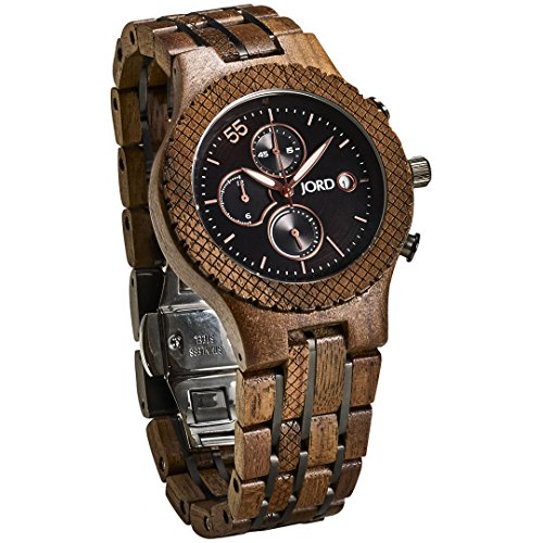 Jord Wooden Wrist Watches for Men - Conway Series Chronograph/Wood and Metal Watch Band/Wood Bezel/Analog Quartz Movement - Includes Wood Watch Box (Walnut & Jet Black)