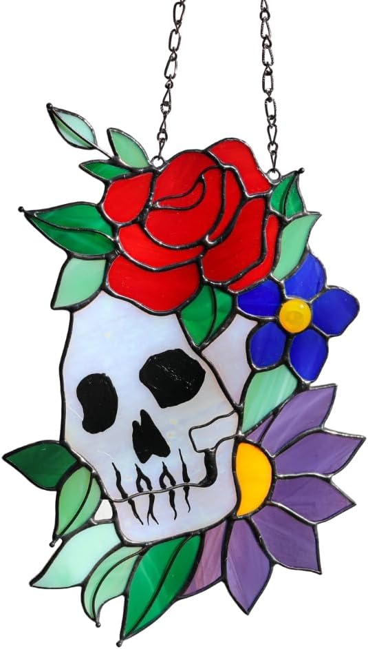 Stained Glass Sun Catcher Featuring Halloween Skull and Floral Design. Glass Art Display for Your Home, Windows, or Walls. A Spooky Accent for Witch Decor and a Great Housewarming Gift