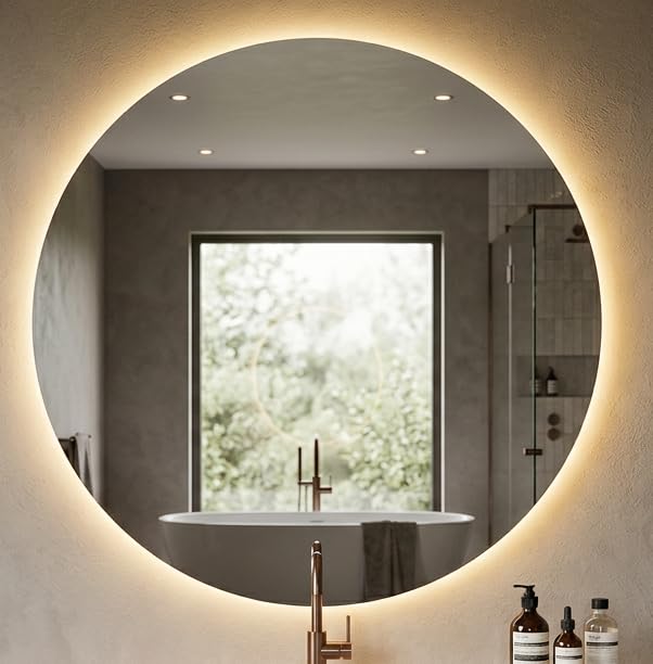 BD ART - Miroir mural - Miroir de salle de bain - Rond - Diamètre 70 cm - Avec éclairage LED - Couleur de la lumière chaude 3600 K - IP44 - Grand miroir - Miroir...