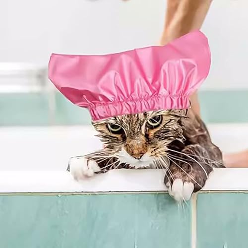 Vista 22 de Gorro de ducha para mascotas, impermeable, con una correa ajustable, fundas para orejas de perro, reutilizable, para gatos y perros plateado