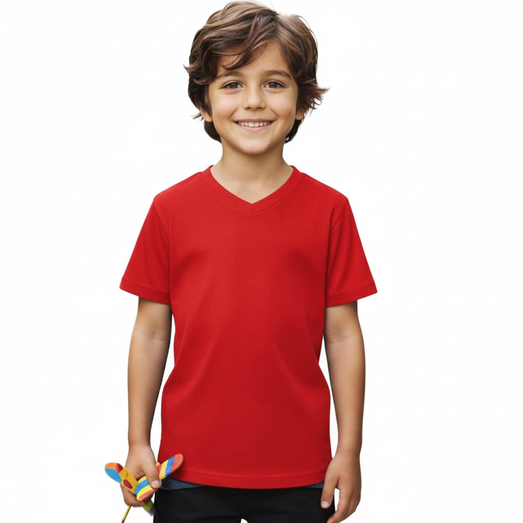 Basic T-Shirt Back to School Short Sleeve V Style Crew Neck Casual Fit Fashion 100% Cotton for Children Girls Boys Age 2-13 Years