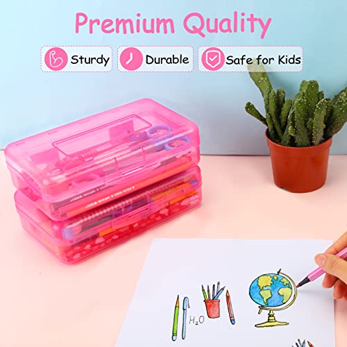 Sooez 1 Pack Pencil Case, Clear Pencil Box with Stickers, Large Plastic Crayon Box with Snap-tight Lid, Stackable Storage Box Art Craft Marker Organizer Box for Kids Boys Back to School, Pink
