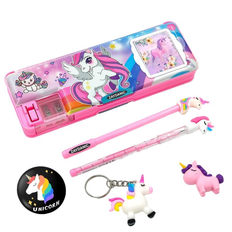 Image of Pencil Box Integrated Sharpener and Calculator, Magnetic Lock, Dual Compartments, Cartoon Stationery Case School Kit for Girls, Kids, Students Combo Set of 5in1 (Unicorn)