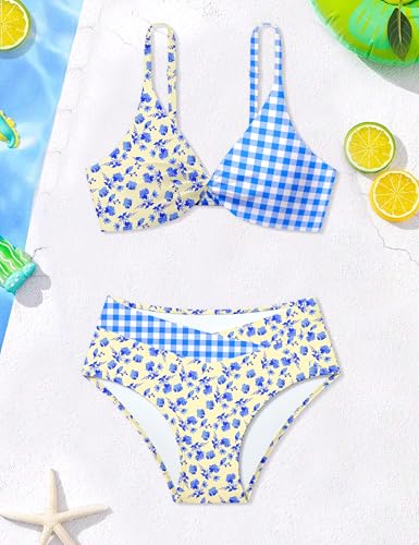 Image of Teen Girls Swimsuits V-Neck Bikini Set Bathing Suits Cross Straps Two Piece Swimwear with Drawstring