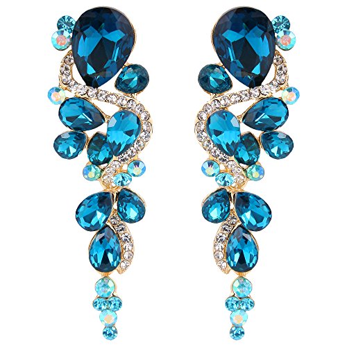 BriLove Wedding Bridal Dangle Earrings for Women Bohemian Boho Crystal Multiple Teardrop Chandelier Long Earrings Gold-Toned Blue Topaz Color
