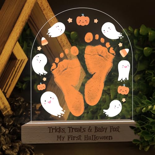 Image of DIY My First Halloween Footprint or Handprint Art Signs, Baby First Halloween Night Light, Kids Crafts Memory Keepsake Tricks, Treats, Feet Milestone Announcement Nursery Baby Boy or Girl's Bedroom