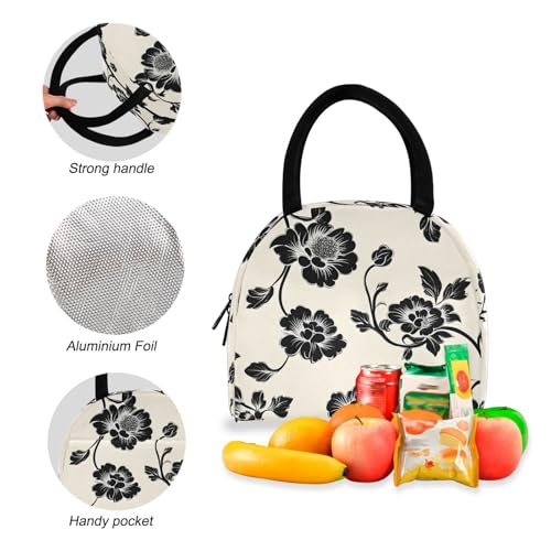 Backpack Lunch Bag Set Vintage Black Floral Print, Big Storage Travel Backpacks with Insulated Lunch Box for Office Hiking Picnic4