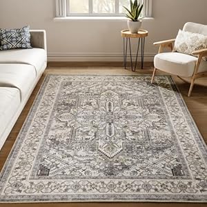 Boho Area Rugs Machine Washable for Living Room Bedroom, Large 5×7 Vintage Non-Slip Stain Resistant Floor Carpet Indoor for Kitchen Dining Room Office Home Decor, Brown-Lvory