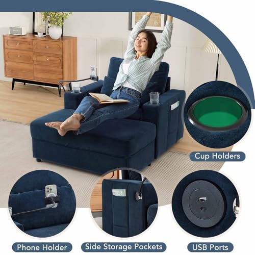 Sillón chenille azul con almacenamiento y USB miniatura 3