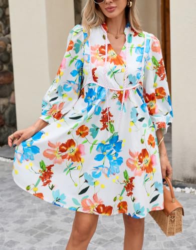 Image of EZAPINE Women Floral Babydoll Mini Dress V Neck 3 /4 Puff Sleeves A Line Flowy Swing Summer Sun Dresses
