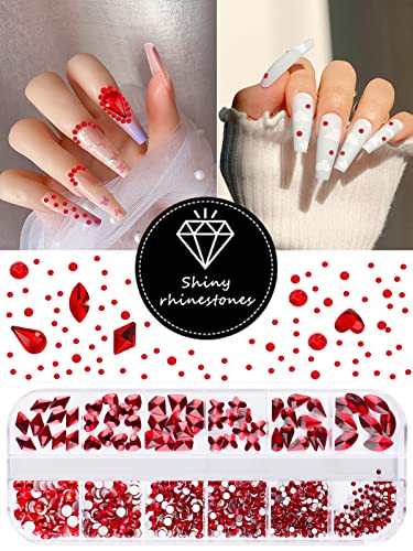 Ebanku Red Nail Rhinestones Hearts Butterfly Round Shaped Nail Art Crystals Diamonds Flat Back Rhinestones 3D Diamond Stone Nail Gems With Tweezers For Valentine's Day #TOP4