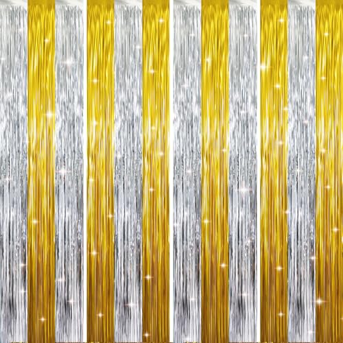 GOER 3.2 ft x 8.2 ft Metallic Tinsel Foil Fringe Curtains Party Backdrop Party Streamers for Birthday,Graduation,New Year Eve Decorations Wedding Decor (4 Pcs,Gold&Silver)