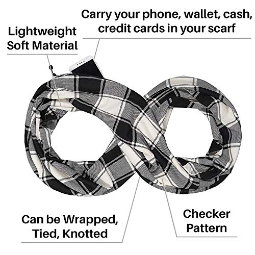 Checkmate Pocket Scarf - Lightweight Plaid Travel Scarves, Infinity Scarves with Zipper Pockets2
