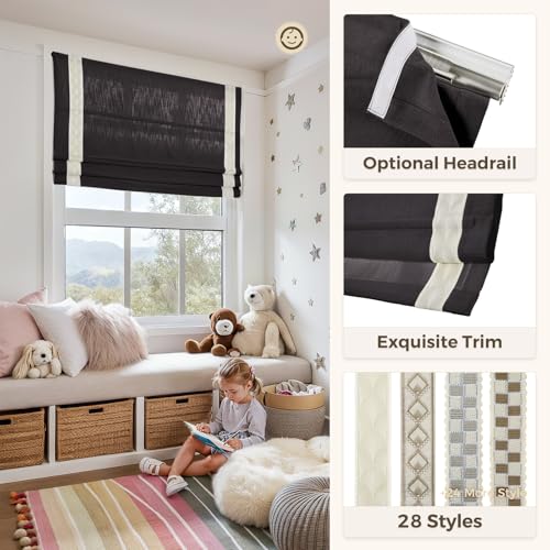 Image of TWOPAGES Isabella No Drill Cordless Roman Shade Linen Textured Cotton Roman Blind for Windows, Custom Made Room Darkening Blackout Roman Window Shade, Hardware Included, Brown, 1 Piece