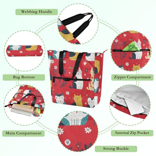 Kids Book Tote for Kids Boys Girls, Cartoon Funny Cat Red Sturdy Library Book Tote Shopping Bag with Zipper Handles for School Shopping Beach Rainbow3