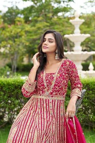 Image of Miss Ethnik Women's Pink Chinon Stitched Gown with Dupatta Full Sleeve Embroidered Anarkali Gown (MER-1275)
