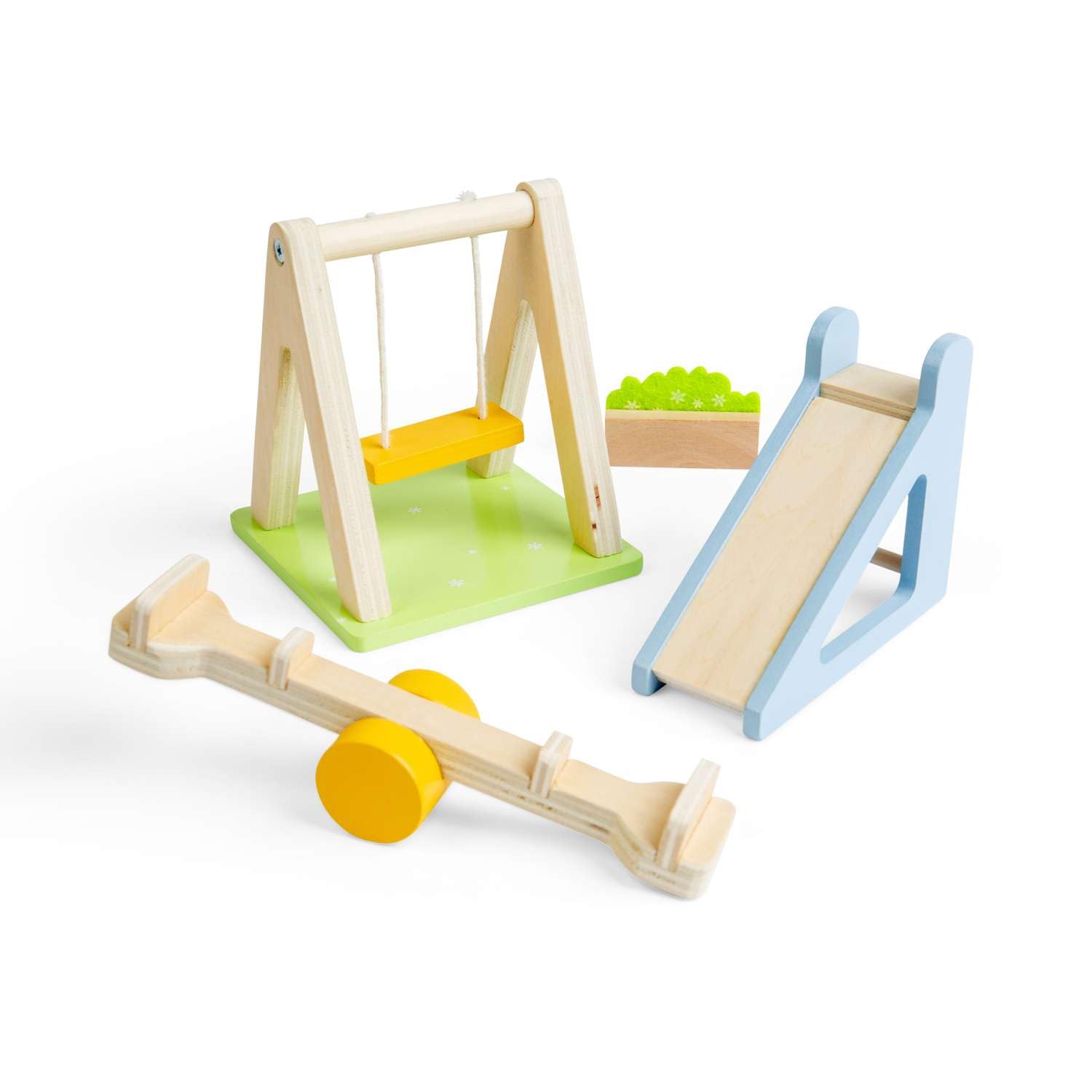 Bigjigs Toys Garden Set | Outdoor Dolls House Furniture | Miniature Wooden Swing, Slide & Seesaw For Kids Doll Houses | 4 Pcs Accessories Pack for Dollhouse Gardens | Gifts for 3+ Year Old Children