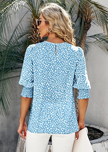 Teurkia Women's 3/4 Pleated Sleeve Blouse Crewneck Mixed Media Top Sky Blue #TOP4