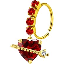 20G CZ Heart Dangle Nose Rings for Women Stainless Steel 14K Gold Plated Nose Nostril Hoops Dangling Nose Piercing Jewelry