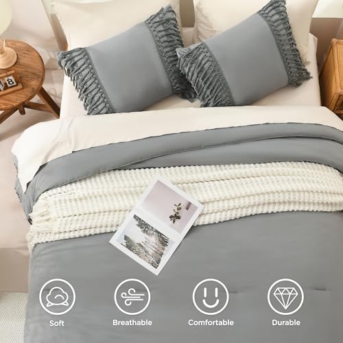 Image of Andency Comforter King Size Set Medium Grey, 3 Pieces Boho Tassel Lightweight Fluffy Bedding Comforters & Sets, Soft All Season Bed Set (104x90In Comforter & 2 Pillowcases)