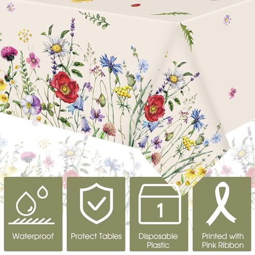 Image of Ganeen 3 Pcs Spring Floral Tablecloth Disposable Plastic Wildflower Table Cloth Rectangle Table Cover Waterproof for Birthday Wedding Easter Mothers Day Tea Party Supplies and Decor, 54 x 108 Inch