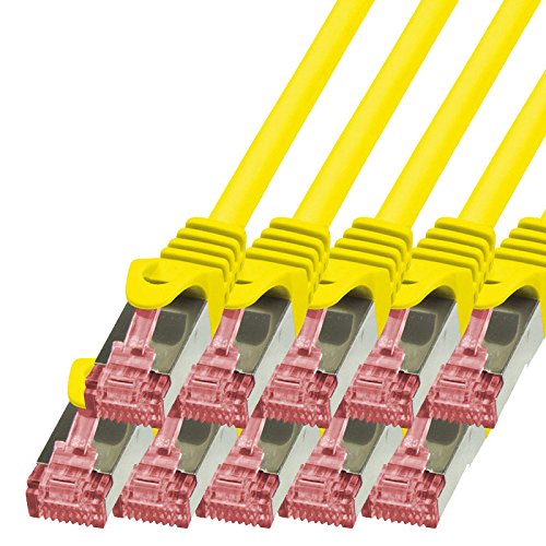 BIGtec Lan Kabel 10 Stück 0,15m Netzwerkkabel Ethernet Internet Patchkabel CAT.6 gelb Gigabit SFTP doppelt geschirmt für Netzwerke Modem Router Switch 2 x RJ45 kompatibel zu CAT.5 CAT.6a CAT.7 Stecker
