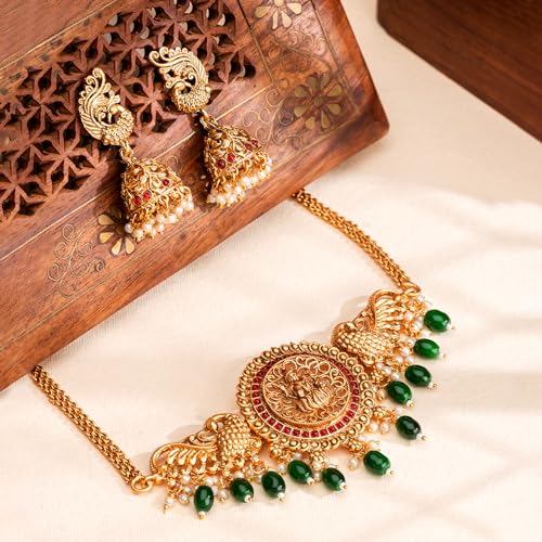 Image of Yellow Chimes Jewellery Set for Women and Girls Temple Jewellery Set for Women | Gold Toned Temple Choker Necklace Set | Birthday Gift for girls and women Anniversary Gift for Wife