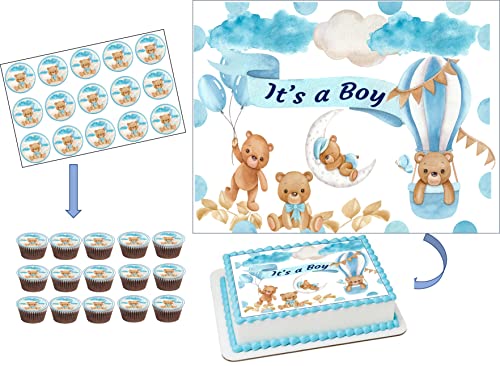 TEDDY BEAR baby shower edible cake topper image - Baby BEAR Cake Topper Icing sheets/Welcome baby edible decoration 1/4 sheet + 15 circles 2