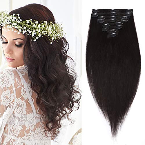 S-noilite 20inch Clip in Human Hair Extension Natural Black 100% Real Human Hair 70g 8pcs 18 Clips #1B