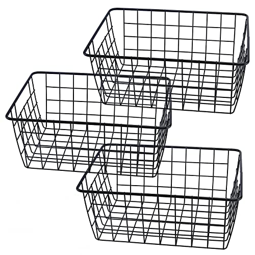 SINJEUN Set of 3 Black Metal Wire Storage Baskets, 28x12x12 cm Large Wire Baskets with Handles, Wire Baskets Organizer Bins Pantry Storage Bin Basket for Cabinet, Office, Bathroom Shelf Storage