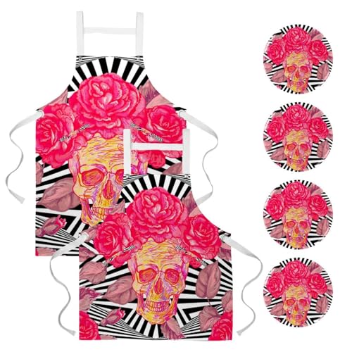 Lot de 2 tabliers crâne et roses avec rayures noires pour la cuisine
