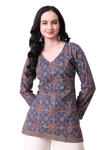 Image of MEERA FAB Women's Floral Printed Cotton Short Top | Ikkat Printed Top Cut Sleeves | Short Kurti for Women