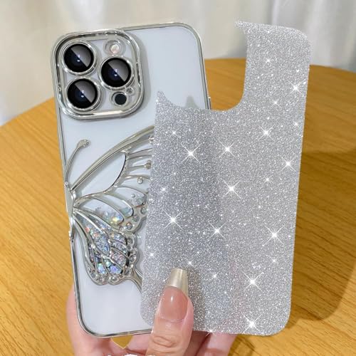 Image of SHINESTAR 3D Butterfly Case for iPhone 15 Pro Max Cover, Cute Girly Glitter Bling Luxury Back Cover for Women Girls Protective Shockproof Slim Camera Protection for iPhone 15 Pro Max - Silver
