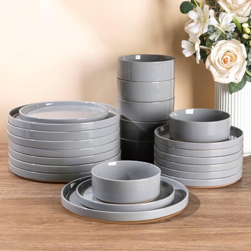 Image of AmorArc Ceramic Dinnerware Set for 8 | Speckled Stoneware Plates and Bowls with Rustic Terracotta Underside| Scratch Resistant,Dishwasher & Microwave Safe Dishes Sets- 24pcs Gray