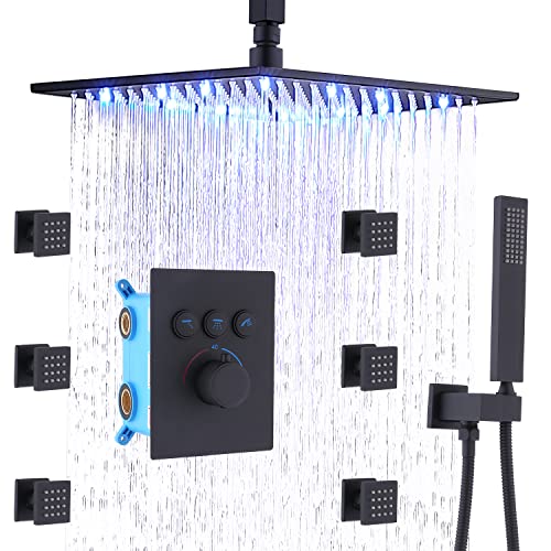 Best Deal 🛒 Enga 12 Inch Ceiling Rain Shower Head Combo System with Body Jets and Handheld, Black Shower Faucet Fixture Set, Can Use All Options at A Time (Matte Black)