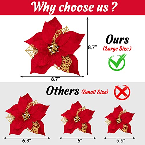 Geefuun 15Pcs Christmas Tree Decorations Poinsettias Artificial Flowers Ornaments: Large Size 8.7” Xmas Red Glitter Flower With Clips Plus Stems(Red) #TOP4