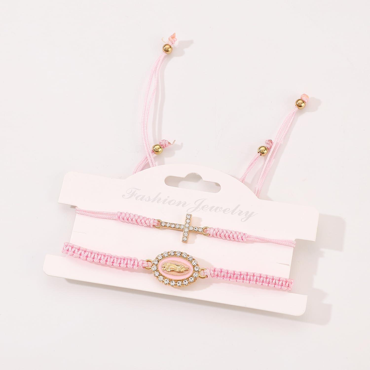 2Pcs Handmade Virgin Mary Cross Adjustable Bracelet Set Catholic Christian Religious Colorful Braided Rope String Amulet Lucky Protection Bracelet Jewelry for Women