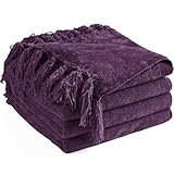 LONG CREATE Chenille Throw Blanket for Couch 50'X 60', Soft Cozy Throws with Fringe Tassel for Bed Sofa Chair Cover, Lightweight Knitted Decorative Boho Blankets for Living Room, Dark Purple