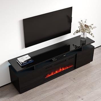 Meble Furniture Eva KBL Electric Fireplace TV Stand Modern High Gloss Media Console with Storage Cabinets and LED Lights Fits TVs up to 80, 63.8 W x 17.7 D x 24.6 H Black