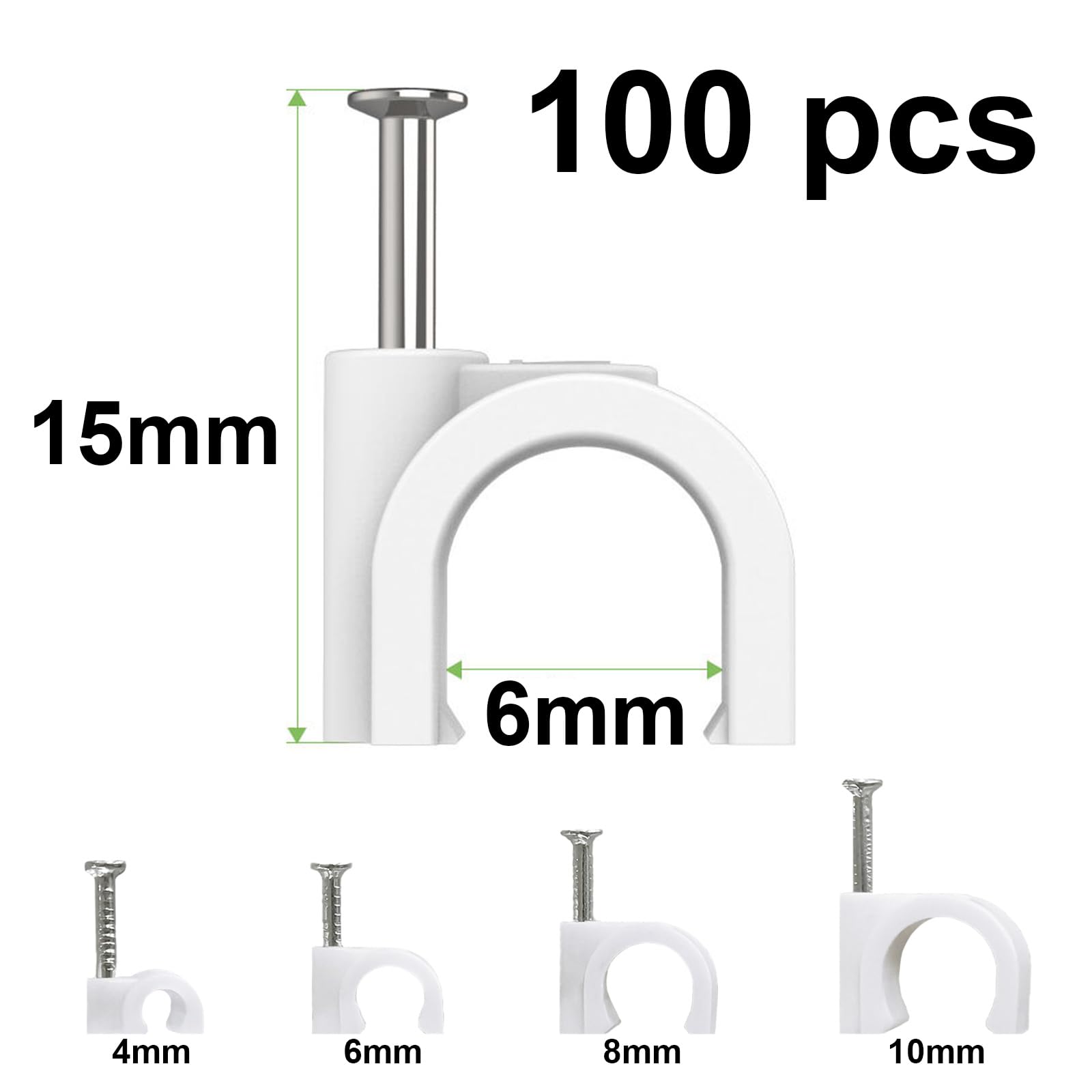 100 Pezzi Fermacavi con Chiodo e Graffette Clip per Cavi, Fermacavi Muro Chiodini e Chiodi Fermacavo, Fermacavi Rotondi per Fissaggio di Cavi (6mm)