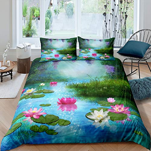 Lotus - Juego de Funda de edredón Mujer niña,de Paisaje Natural,Juego de Ropa de Cama Verano,Vacaciones relajantes,de 2 Piezas,Individual