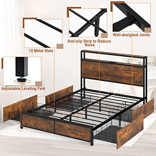Komfott Industrial Metal Bed Frame With Led Lights, Queen Size Platform Bed Frame With 4 Roll-Out Storage Drawers, 2-Tier Storage Headboard, 2 Charging Outlets & Usb Port, No Box Spring Needed #TOP5