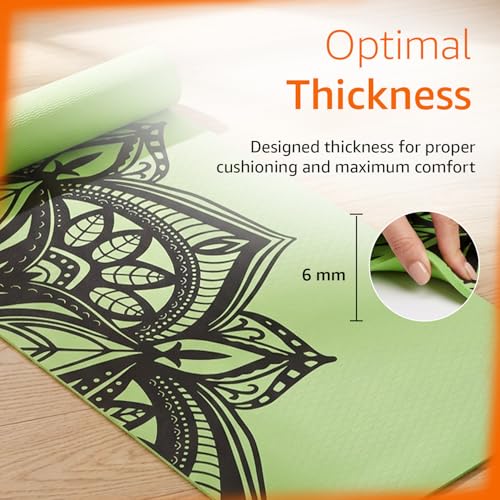 Image of Amazon Basics Printed TPE Yoga Mat with Yoga Strap | 6 mm Thick | Non-Slip Grippy Surface | Lightweight & Flexible Rubber-Like Material | Floor Protection | Ideal for Yoga, Pilates, Stretching & Fitness | 183 x 61 cm | Emerald Green