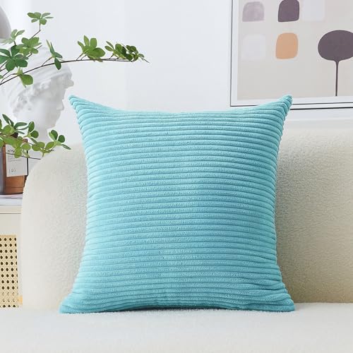 Home Brilliant Teal Throw Pillow Cover Decorative Soft Velvet Striped Corduroy Square Throw Pillow for Couch, 18 x 18 inch(45cm)