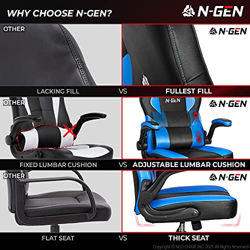 N-Gen Gaming Chair Ergonomic Office Chair Pc Desk Chair With Lumbar Support Flip Up Arms Levelled Seat Style Headrest Pu Leather Executive High Back Computer Chair For Adults Women Men (4. Blue) #TOP5