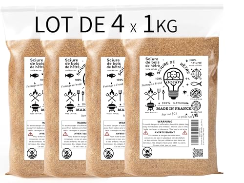 Sciure de Bois de Hêtre Lot de 40L -4 sacs de1KG pour Fumoir à Viande, Poisson,Adaptée au Serpentin Fumoir à Froid | MADE IN FRANCE | Copeaux de bois...