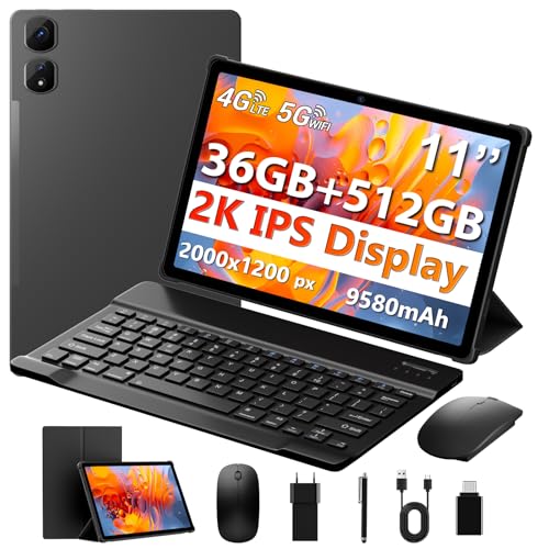 MAXLEGEN Tablet 11 Zoll Cellular, 2K FHD, 36GB RAM+512GB ROM/1TB TF, 4G LTE Dual SIM+5G WLAN, 2GHz Octa-Core Android 15 Tablet mit 9580mAh Akku, 13MP, GPS, GMS, mit Tastatur/Stift/Maus/Hülle