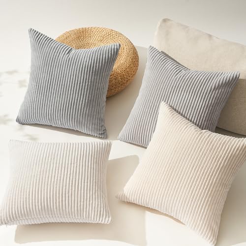 Image of Topfinel 4 Packs Neutral Decorative Throw Pillows Covers 26x26 Inch for Living Room Couch Bed Sofa, Rustic Farmhouse Boho Neutral Home Decor, Soft Plush Striped Corduroy Square Cushion Case 65x65 cm